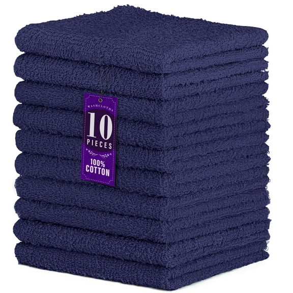 DecorRack 10 Pack 100% Cotton Washcloth, Absorbent 12 x 12" Soft Cotton Hand Towel, Blue (Set of 10)