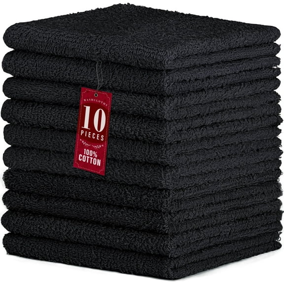 DecorRack 10 Pack 100% Cotton Washcloths, Absorbent 12 x 12" Soft Cotton Hand Towel, Black (Set of 10)