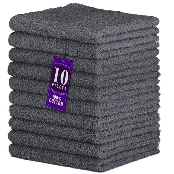 DecorRack 10 Pack 100% Cotton Washcloths, Absorbent 12 x 12" Soft Cotton Hand Towel, Grey (Set of 10)