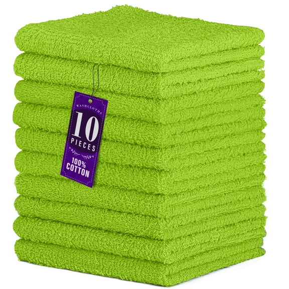 DecorRack 10 Pack 100% Cotton Washcloths, Absorbent 12 x 12" Soft Cotton Hand Towel, Lime Green (Set of 10)