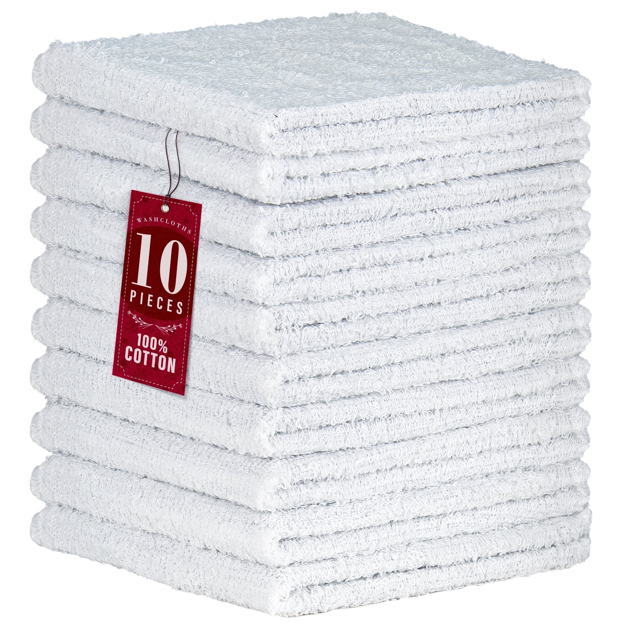 DecorRack 10 Pack 100% Cotton Washcloths, Absorbent 12 x 12" Soft Cotton Hand Towel, White (Set of 10)