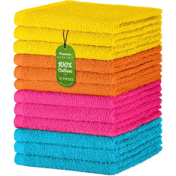 DecorRack 12 Pack 100% Cotton Wash Cloth, Luxurious Soft, 12 x 12 inch Ultra Absorbent, Machine Washable Washcloths, Tropical Assortment Colors (12 Pack)