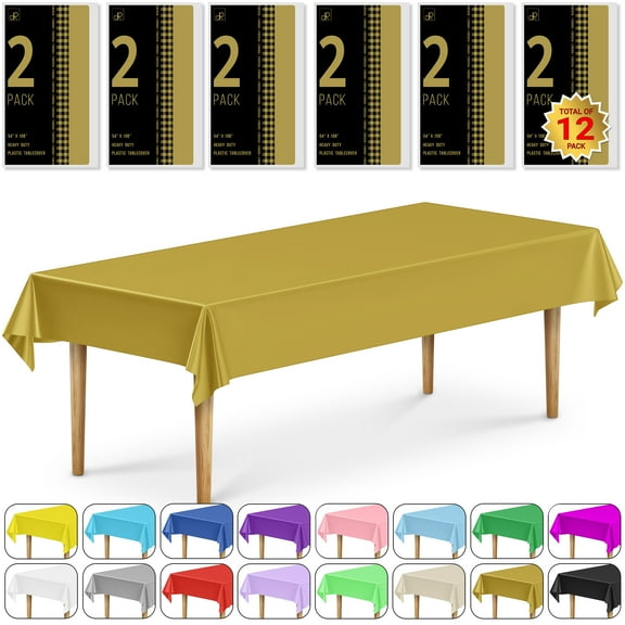 DecorRack 12 Plastic Tablecloths, 54 x 108 inch, Rectangular, Gold
