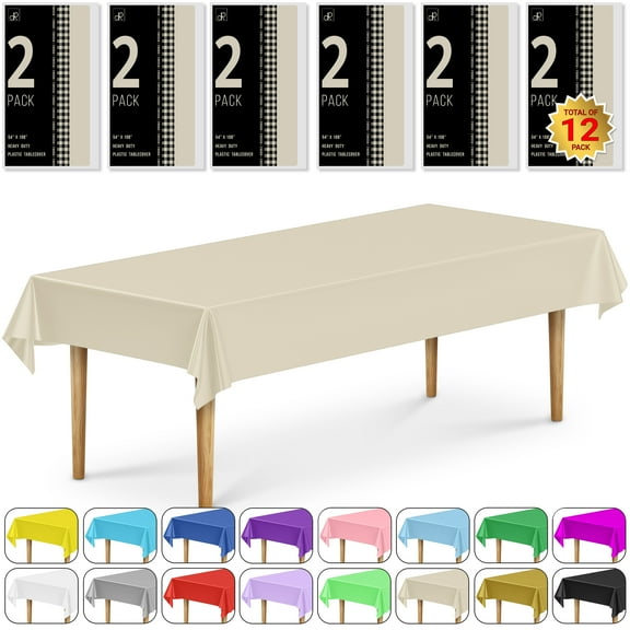 DecorRack 12 Plastic Tablecloths, 54 x 108 inch, Rectangular, Ivory