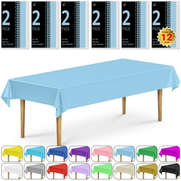 DecorRack 12 Plastic Tablecloths, 54 x 108 inch, Rectangular, Light Blue
