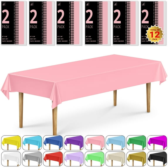 DecorRack 12 Plastic Tablecloths, 54 x 108 inch, Rectangular, Light Pink