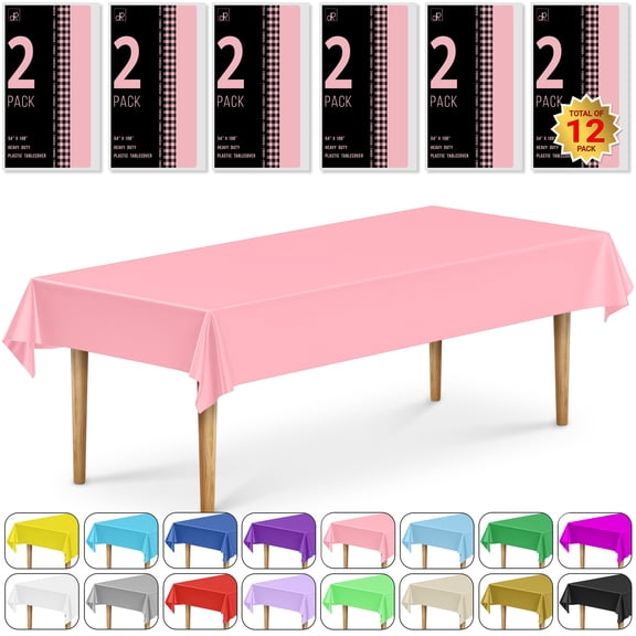 DecorRack 12 Plastic Tablecloths, 54 x 108 inch, Rectangular, Light Pink