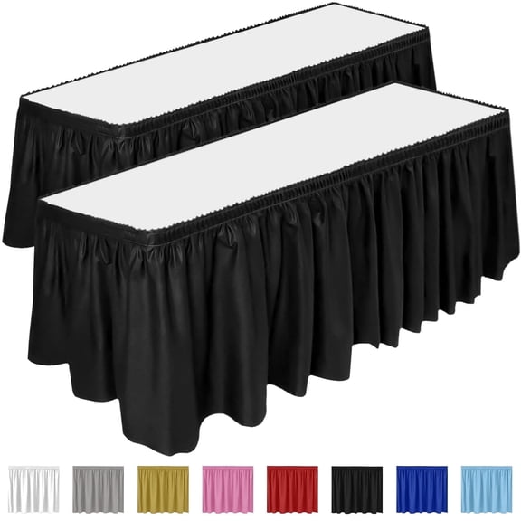 DecorRack 2 Pack Table Skirts, 29 in x 14 ft Reusable Party Tablecloth Skirt with Adhesive Strip for Parties & Events, Black (Pack of 2)