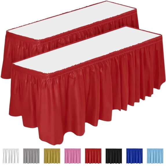 DecorRack 2 Pack Table Skirts, 29 in x 14 ft Reusable Party Tablecloth Skirt with Adhesive Strip for Parties & Events, Red (Pack of 2)