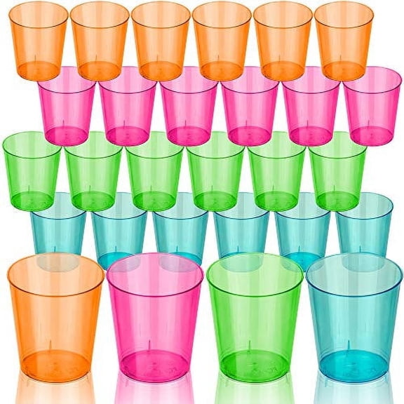DecorRack 24 Reusable Shot Glasses 2 Oz, Hard Clear Plastic Mini Neon Shot Cups (24 Pack)