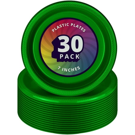 DecorRack 30 Pack Small Plastic Plates, 7 inch Heavy Duty Disposable Dinner Plates, Durable Party Tableware, Green (30 Count)