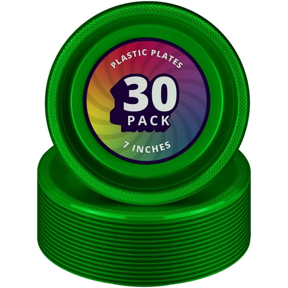 DecorRack 30 Pack Small Plastic Plates, 7 inch Heavy Duty Disposable Dinner Plates, Durable Party Tableware, Green (30 Count)