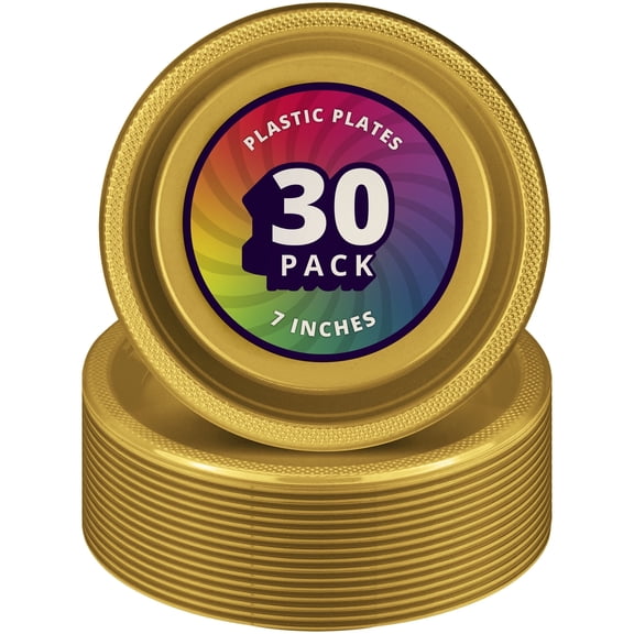 DecorRack 30 Pack Small Plastic Plates, 7 inch Heavy Duty Disposable Dinner Plates, Durable Party Tableware, Gold (30 Count)
