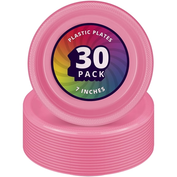 DecorRack 30 Pack Small Plastic Plates, 7 inch Heavy Duty Disposable Dinner Plates, Durable Party Tableware, Pink (30 Count)