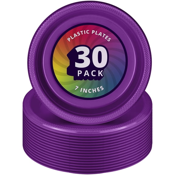 DecorRack 30 Pack Small Plastic Plates, 7 inch Heavy Duty Disposable Dinner Plates, Durable Party Tableware, Purple (30 Count)