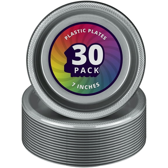 DecorRack 30 Small Plastic Plates, 7 inch Dinner Plates, Silver (Pack of 30)