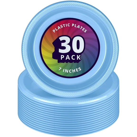 DecorRack 30 Pack Small Plastic Plates, 7 inch Heavy Duty Disposable Dinner Plates, Durable Party Tableware, Light Blue (30 Count)