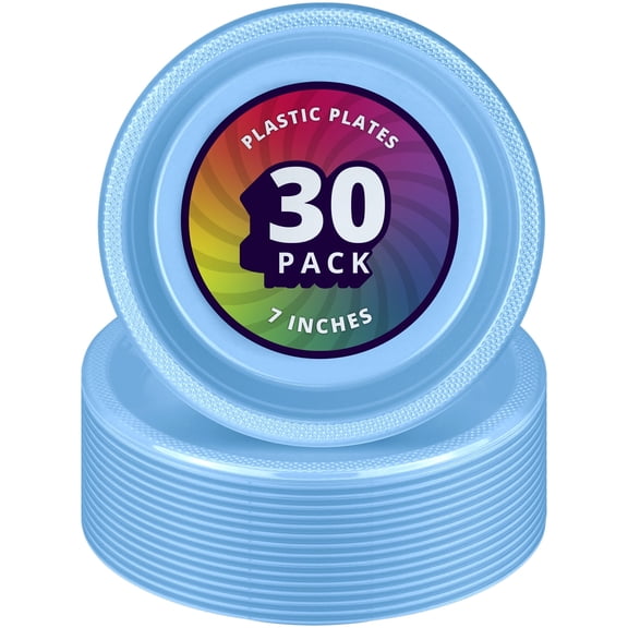 DecorRack 30 Pack Small Plastic Plates, 7 inch Heavy Duty Disposable Dinner Plates, Durable Party Tableware, Light Blue (30 Count)