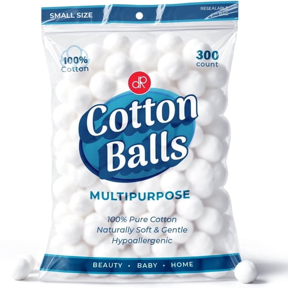 DecorRack Small Cotton Balls, Premium 100% Cotton, Absorbent Multipurpose Makeup Remover & Personal Care, 300 Count