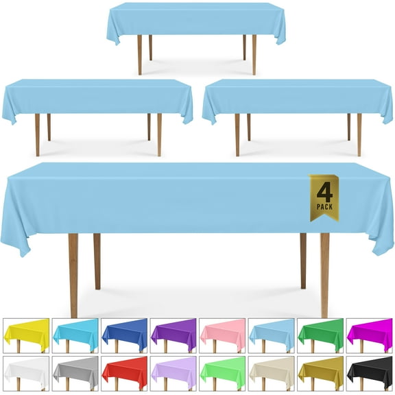 DecorRack 4 Plastic Tablecloths, 54 x 108 inch, Rectangular, Light Blue