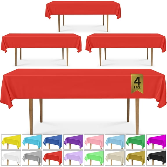 DecorRack 4 Plastic Tablecloths, 54 x 108 inch, Rectangular, Red