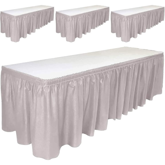 DecorRack 4 Pack Table Skirts, 29 in x 14 ft Reusable Party Tablecloth Skirt with Adhesive Strip for Parties & Events, Silver (Pack of 4)