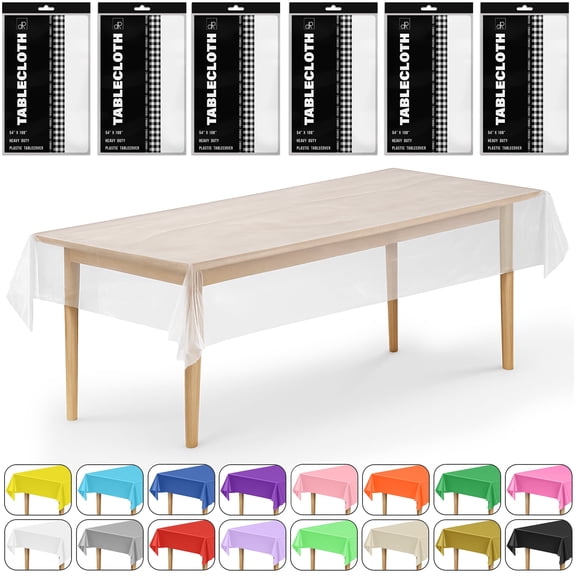 DecorRack 6 Pack Plastic Tablecloths, 54 x 108 inch Rectangular Disposable Table Covers for Parties, Events, Indoor Outdoor Use, Clear (6 Count)
