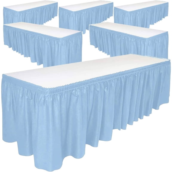 DecorRack 6 Pack Table Skirts, 29 in x 14 ft Reusable Party Tablecloth Skirt with Adhesive Strip for Parties & Events, Light Blue (Pack of 6)