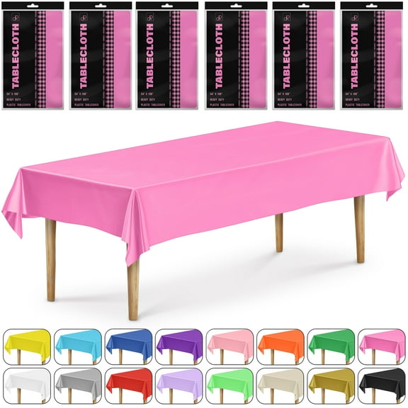 DecorRack 6 Pack Plastic Tablecloths, 54 x 108 inch Rectangular Disposable Table Covers for Parties, Events, Indoor Outdoor Use, Pink (6 Count)