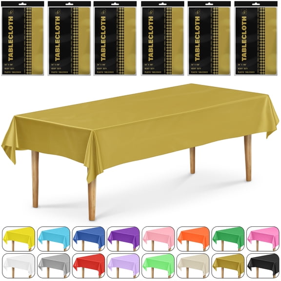 DecorRack 6 Pack Plastic Tablecloths, 54 x 108 inch Rectangular Disposable Table Covers for Parties, Events, Indoor Outdoor Use, Gold (6 Count)