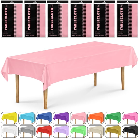 DecorRack 6 Pack Plastic Tablecloths, 54 x 108 inch Rectangular Disposable Table Covers for Parties, Events, Indoor Outdoor Use, Light Pink (6 Count)