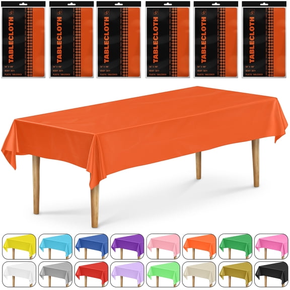 DecorRack 6 Pack Plastic Tablecloths, 54 x 108 inch Rectangular Disposable Table Covers for Parties, Events, Indoor Outdoor Use, Orange (6 Count)
