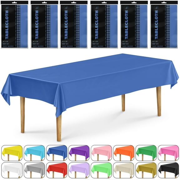 DecorRack 6 Pack Plastic Tablecloths, 54 x 108 inch Rectangular Disposable Table Covers for Parties, Events, Indoor Outdoor Use, Royal Blue (6 Count)