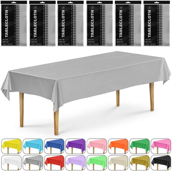 DecorRack 6 Pack Plastic Tablecloths, 54 x 108 inch Rectangular Disposable Table Covers for Parties, Events, Indoor Outdoor Use, Silver (6 Count)