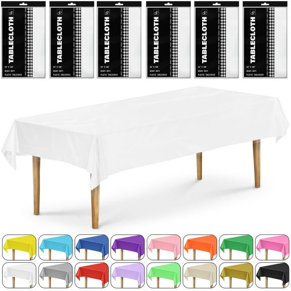 DecorRack 6 Pack Plastic Tablecloths, 54 x 108 inch Rectangular Disposable Table Covers for Parties, Events, Indoor Outdoor Use, White (6 Count)