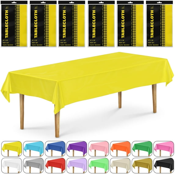 DecorRack 6 Pack Plastic Tablecloths, 54 x 108 inch Rectangular Disposable Table Covers for Parties, Events, Indoor Outdoor Use, Yellow (6 Count)
