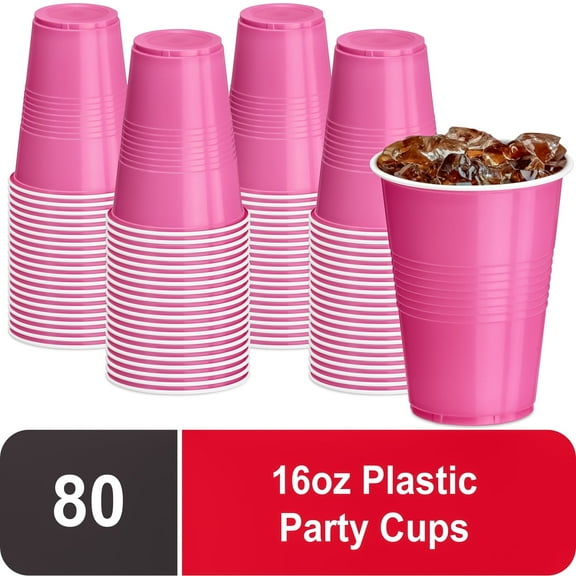 DecorRack 80 Party Cups, 16 fl oz -BPA Free- Plastic Soda Cups, Pink (Pack of 80)