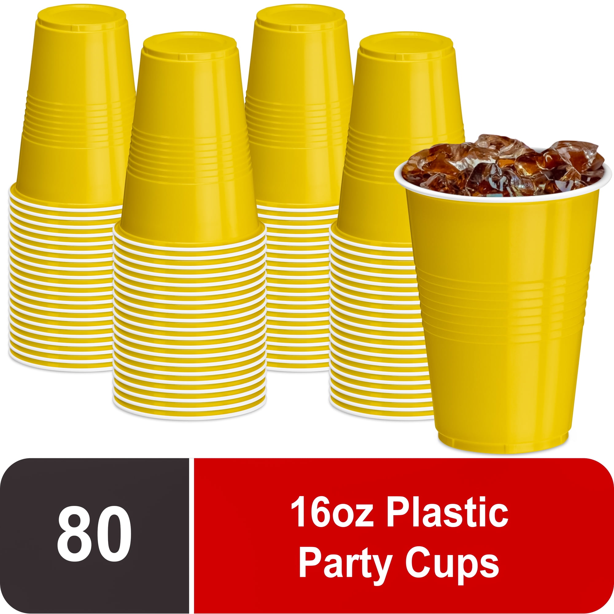DecorRack 80 Party Cups, 16 fl oz BPA Free Plastic Soda Cups, Yellow
