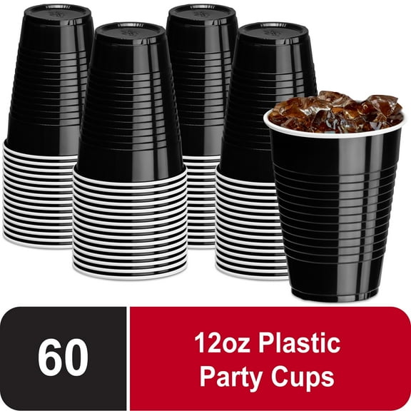 DecorRack Party Reusable Disposable Plastic Cups, 12 fl oz, Black, 60 Count