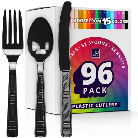 DecorRack 96 Pieces Plastic Cutlery Set, Disposable Forks, Knives, Spoons, Party Utensils, Black (96 Pack)