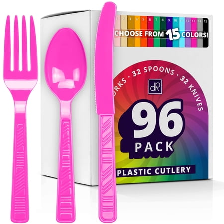 DecorRack 96 Pieces Plastic Cutlery Set, Disposable Forks, Knives, Spoons, Party Utensils, Pink (96 Pack)