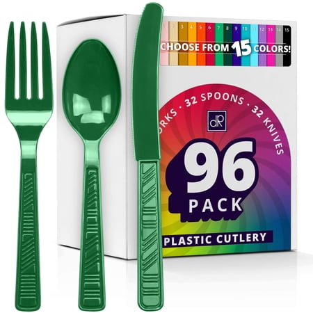 DecorRack 96 Pieces Plastic Cutlery Set, Disposable Forks, Knives, Spoons, Party Utensils, Green (96 Pack)