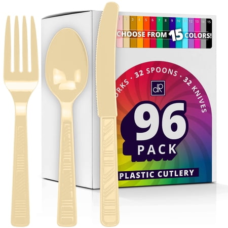 DecorRack 96 Pieces Plastic Cutlery Set, Disposable Forks, Knives, Spoons, Party Utensils, Ivory (96 Pack)