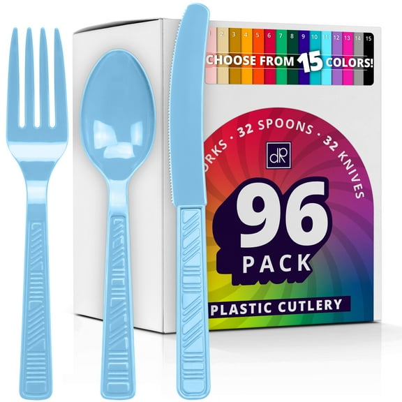 DecorRack Disposable Forks, Knives, Spoons, Party Utensils, Light Blue (96 Pcs)