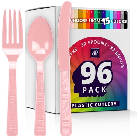 DecorRack 96 Pieces Plastic Cutlery Set, Disposable Forks, Knives, Spoons, Party Utensils, Light Pink (96 Pack)