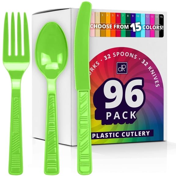 DecorRack 96 Pieces Plastic Cutlery Set, Disposable Forks, Knives, Spoons, Party Utensils, Lime Green (96 Pack)