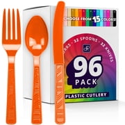 DecorRack 96 Pieces Plastic Cutlery Set, Disposable Forks, Knives, Spoons, Party Utensils, Orange (96 Pack)