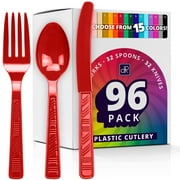 DecorRack Disposable Forks, Knives, Spoons, Party Utensils, Red (96 Pcs)
