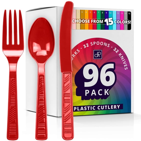 DecorRack 96 Pieces Plastic Cutlery Set, Disposable Forks, Knives, Spoons, Party Utensils, Red (96 Pack)