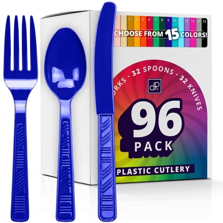 DecorRack 96 Pieces Plastic Cutlery Set, Disposable Forks, Knives, Spoons, Party Utensils, Royal Blue (96 Pack)